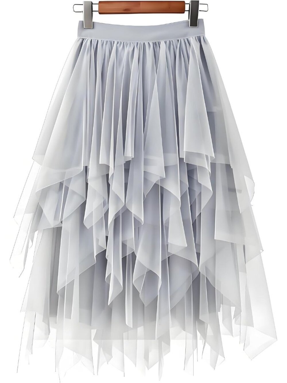 Women's Silver High Waist Layered Tulle Mesh Ruffle Asymmetric Hem Midi Skirt